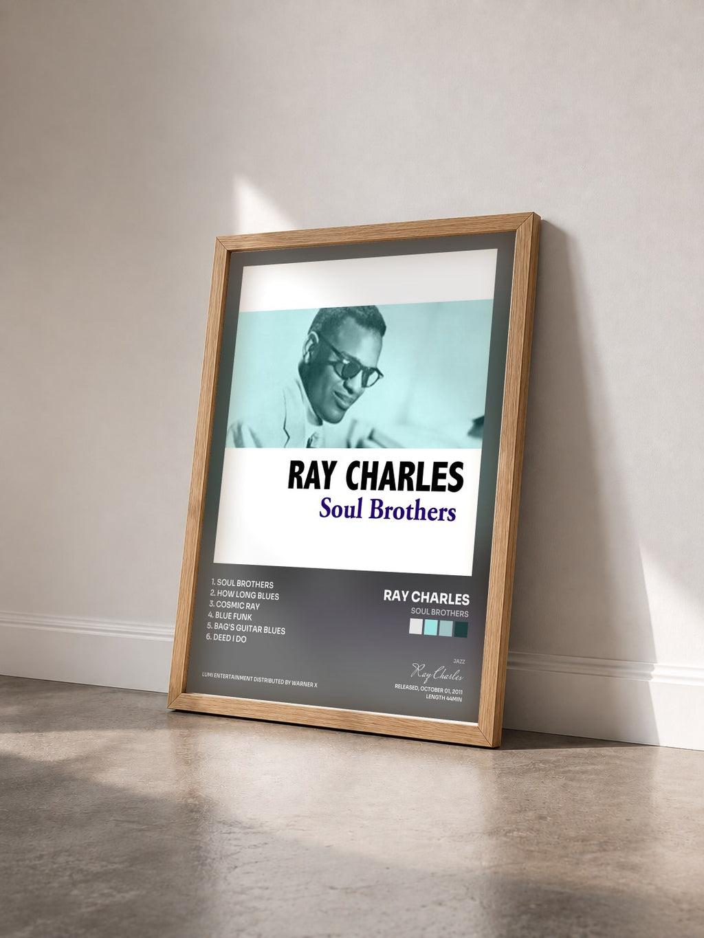 #bois Tableau de l'album Soul Brothers de Ray Charles vu de trois quarts, cadre en bois brut