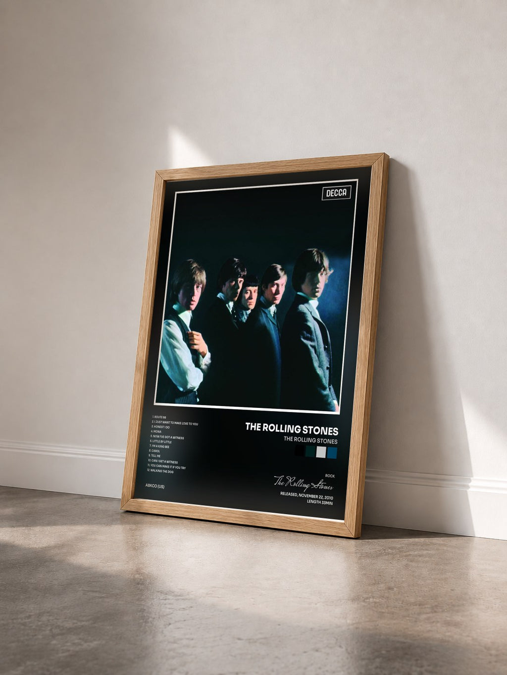 #bois Tableau de l'album The Rolling Stones de The Rolling Stones vu de trois quarts, cadre en bois brut