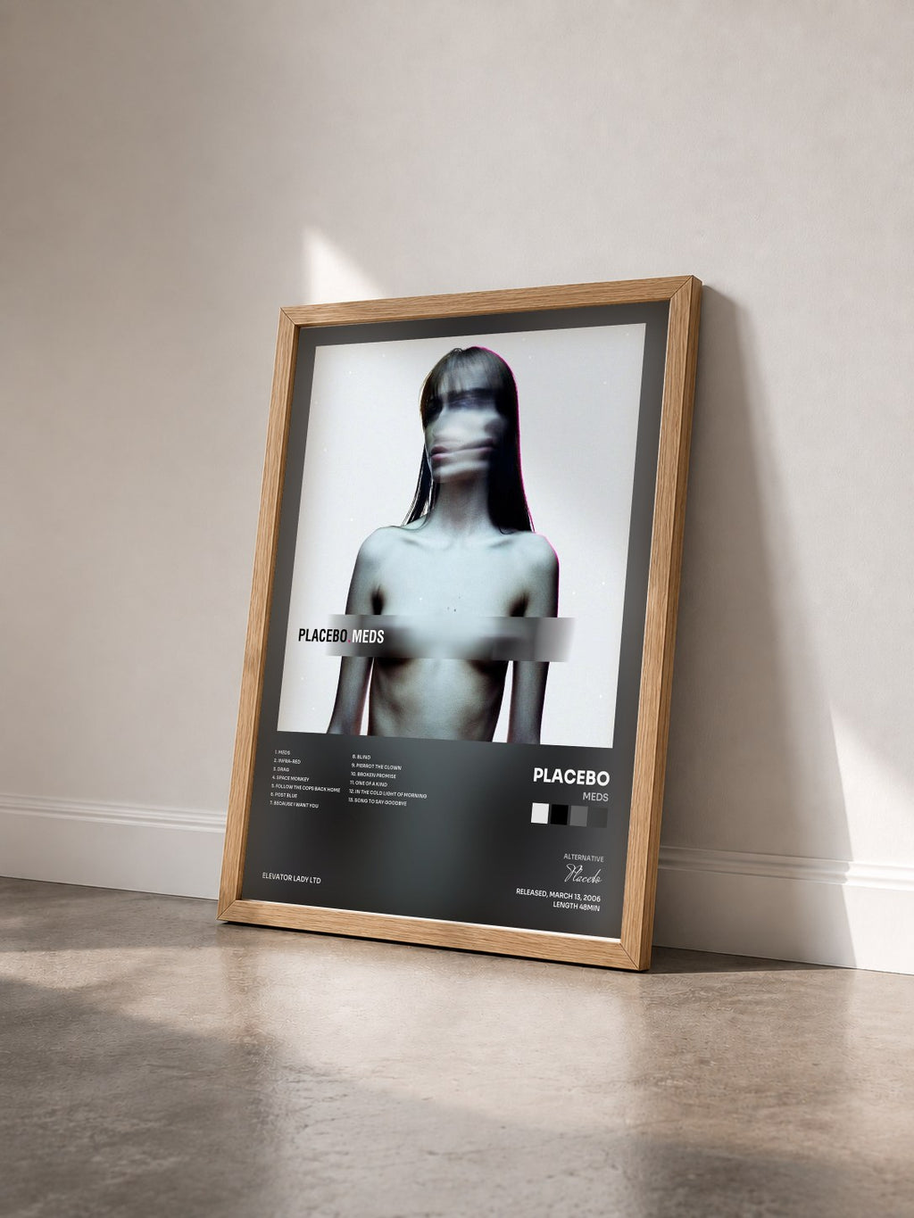 #bois Tableau de l'album Meds de Placebo vu de trois quarts, cadre en bois brut