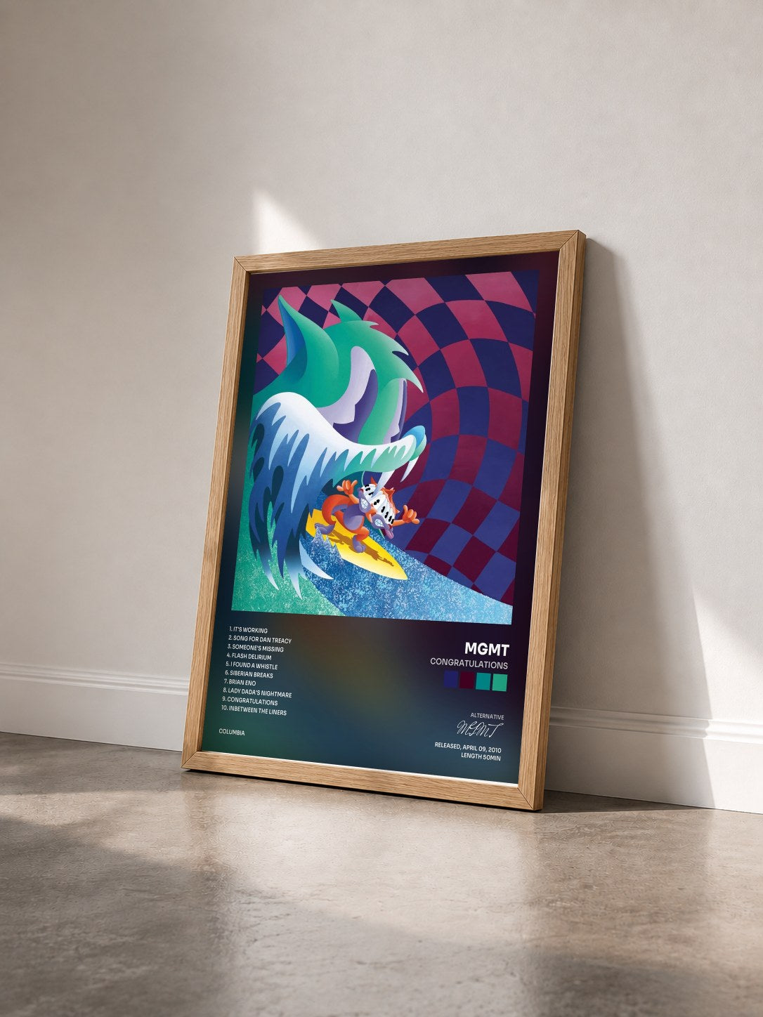 #bois Tableau de l'album Congratulations de MGMT vu de trois quarts, cadre en bois brut