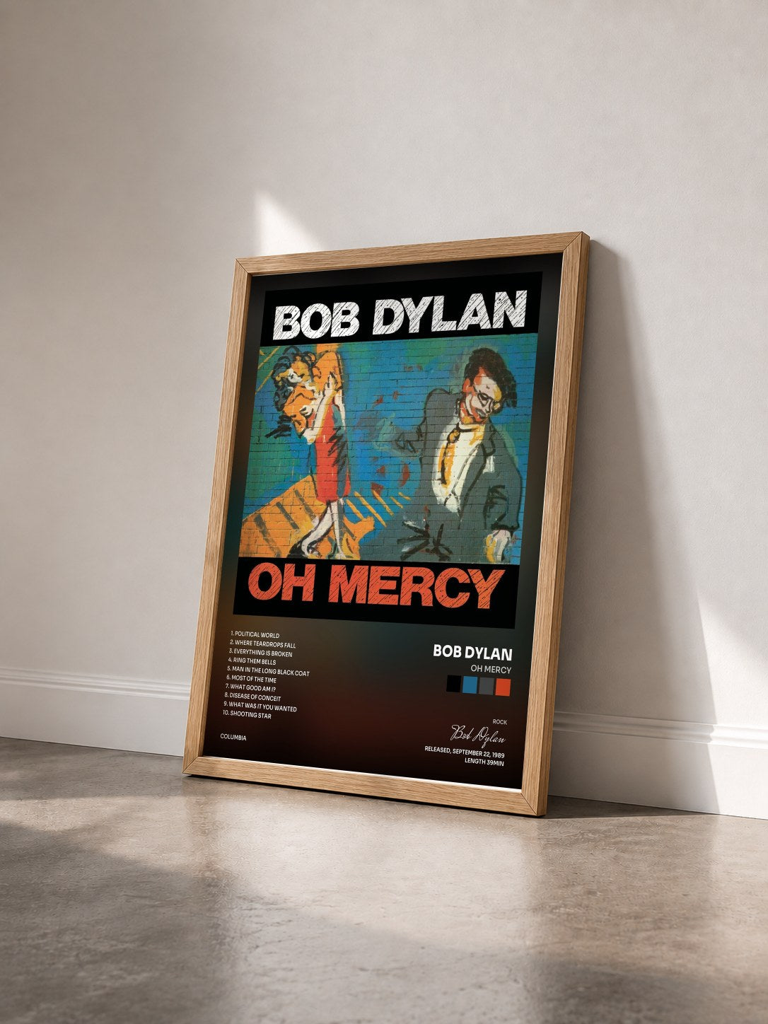 #bois Tableau de l'album Oh Mercy de Bob Dylan vu de trois quarts, cadre en bois brut