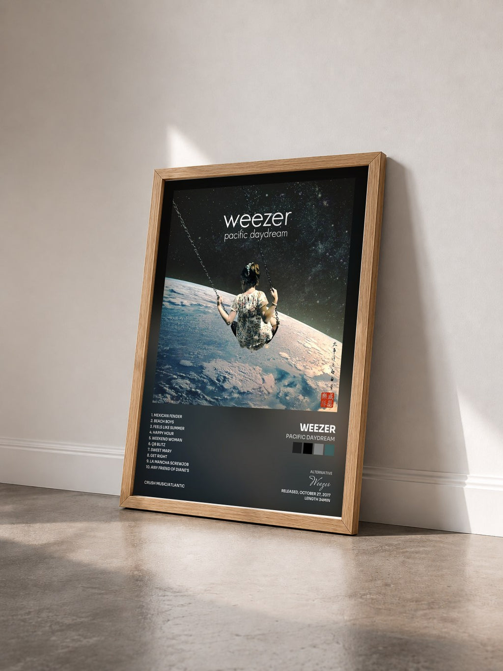 #bois Tableau de l'album Pacific Daydream de Weezer vu de trois quarts, cadre en bois brut