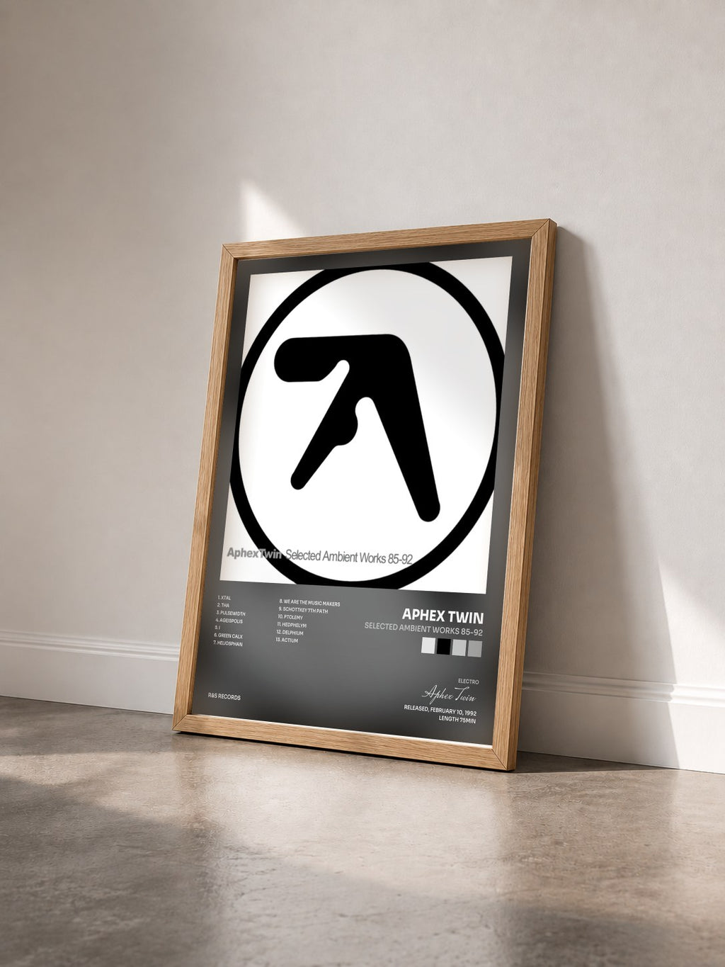 #bois Tableau de l'album Selected Ambient Works 85-92 de Aphex Twin vu de trois quarts, cadre en bois brut