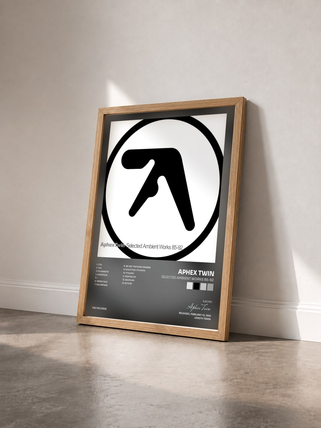 #bois Tableau de l'album Selected Ambient Works 85-92 de Aphex Twin vu de trois quarts, cadre en bois brut