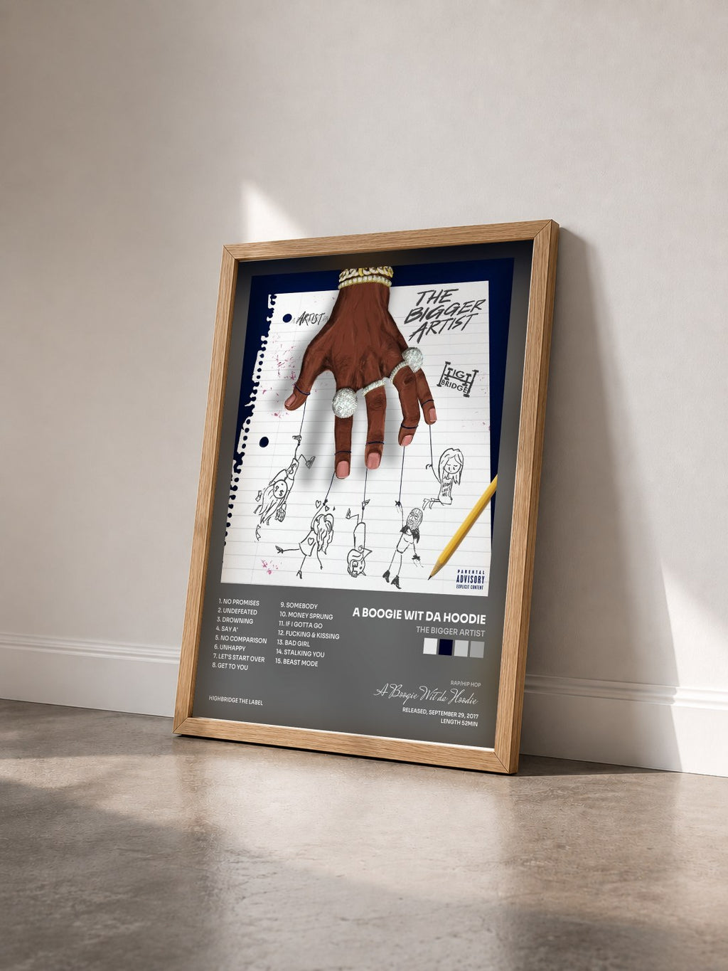 #bois Tableau de l'album The Bigger Artist de A Boogie Wit da Hoodie vu de trois quarts, cadre en bois brut