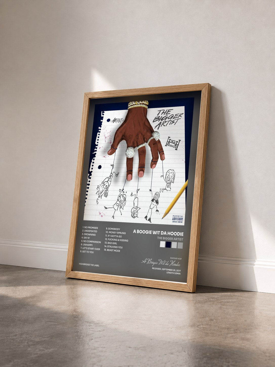 #bois Tableau de l'album The Bigger Artist de A Boogie Wit da Hoodie vu de trois quarts, cadre en bois brut