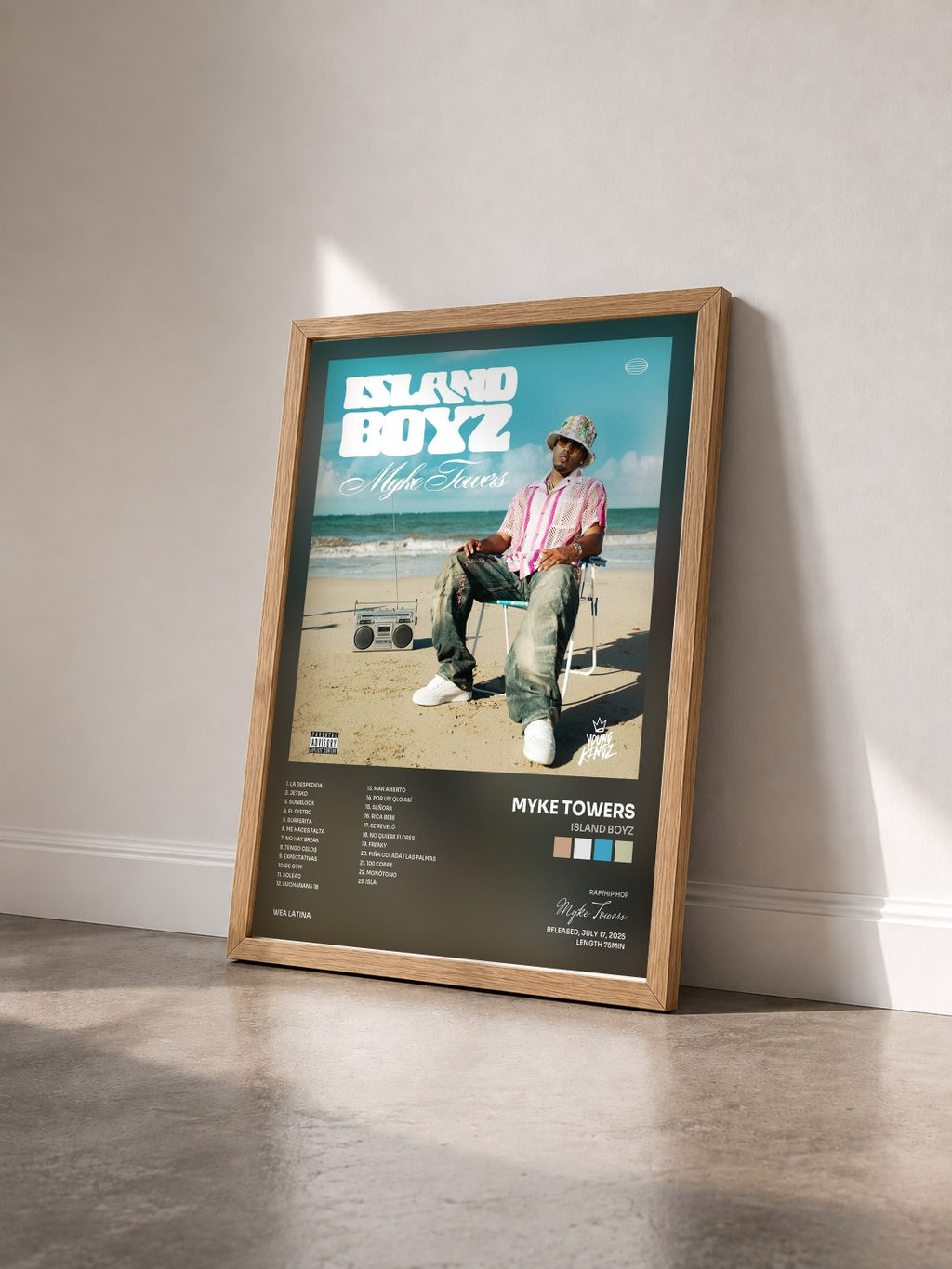 #bois Tableau de l'album ISLAND BOYZ de Myke Towers vu de trois quarts, cadre en bois brut