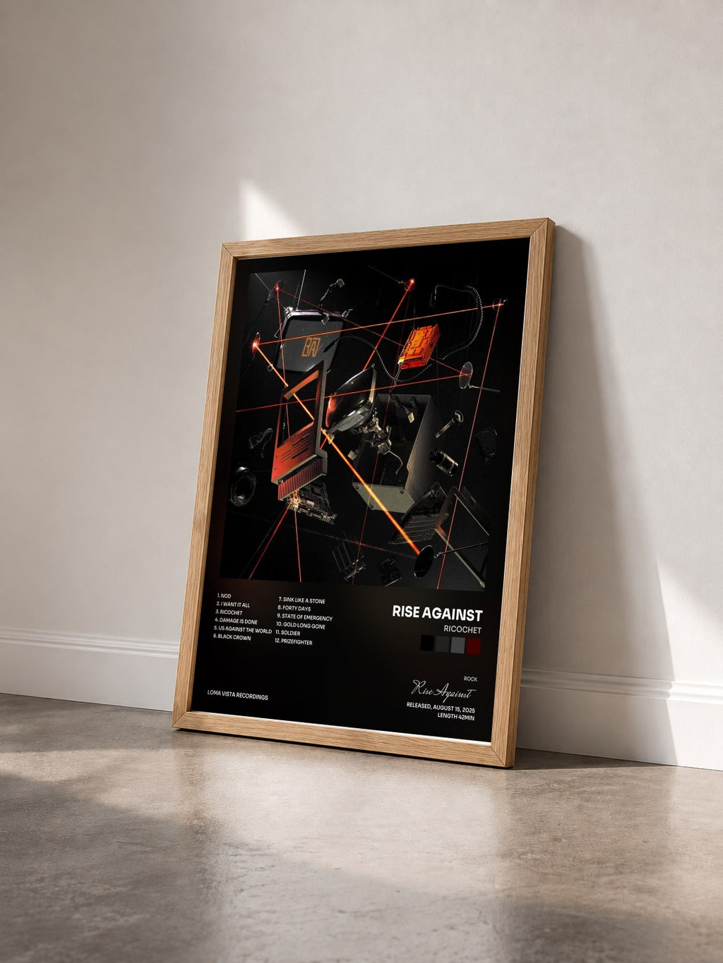 #bois Tableau de l'album Ricochet de Rise Against vu de trois quarts, cadre en bois brut