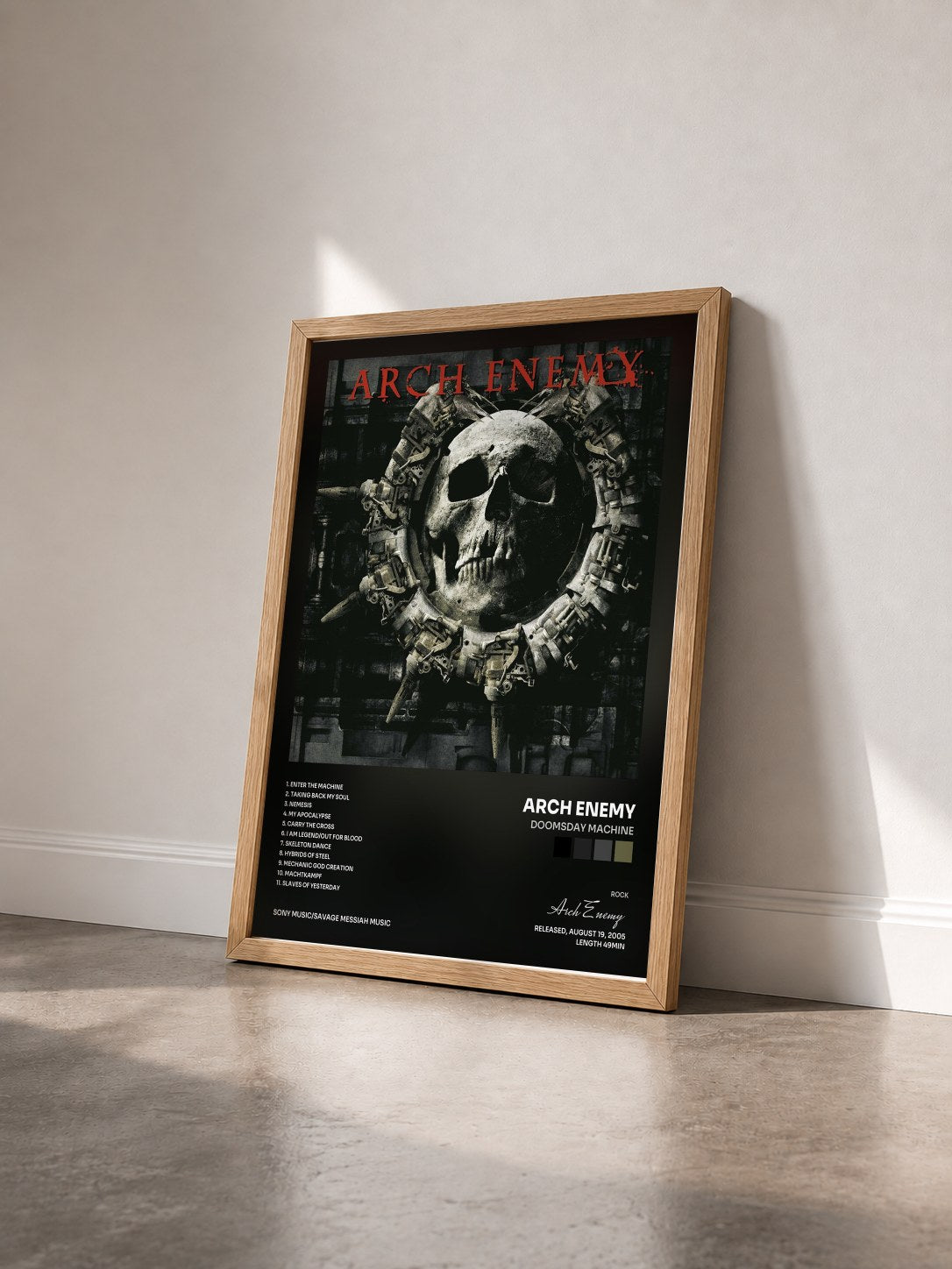 #bois Tableau de l'album Doomsday Machine de Arch Enemy vu de trois quarts, cadre en bois brut