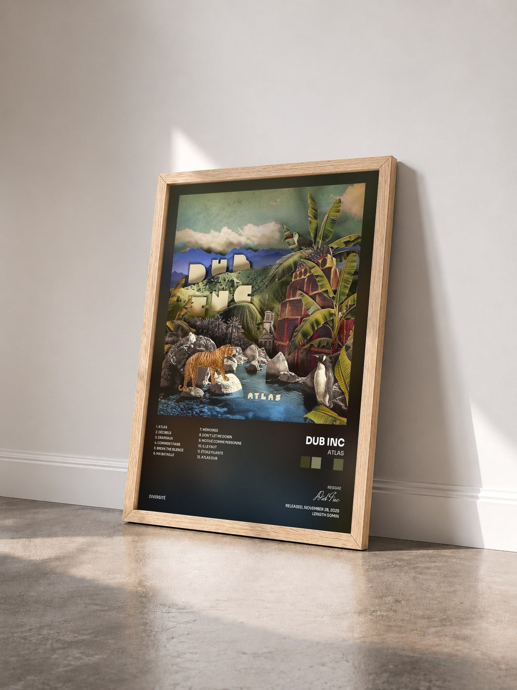 #bois Tableau de l'album Atlas de Dub Inc vu de trois quarts, cadre en bois brut