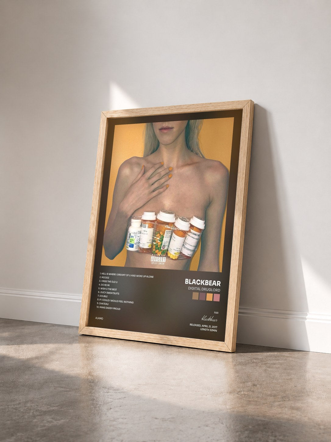 #bois Tableau de l'album digital druglord de blackbear vu de trois quarts, cadre en bois brut