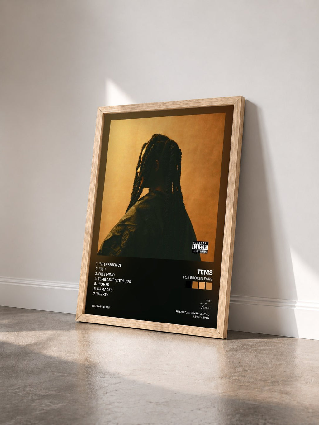 #bois Tableau de l'album For Broken Ears de Tems vu de trois quarts, cadre en bois brut