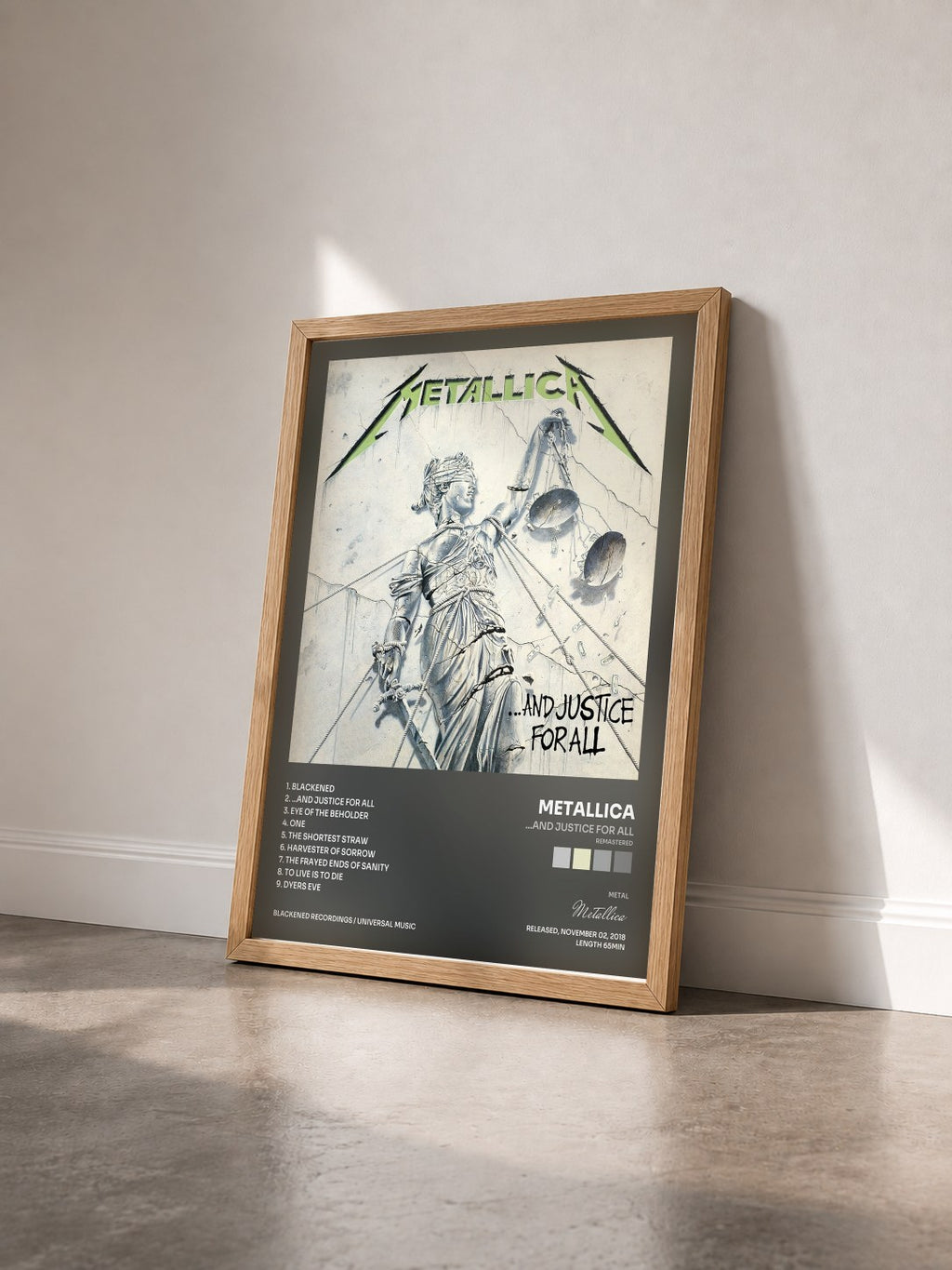 #bois Tableau de l'album …And Justice for All (Remastered) de Metallica vu de trois quarts, cadre en bois brut