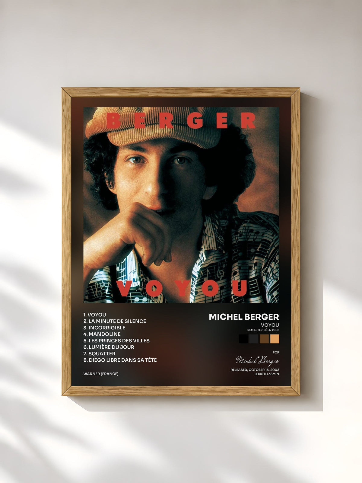 #bois Tableau de l'album Voyou (Remasterisé en 2002) de Michel Berger, cadre en bois brut, imprimé et encadré en France