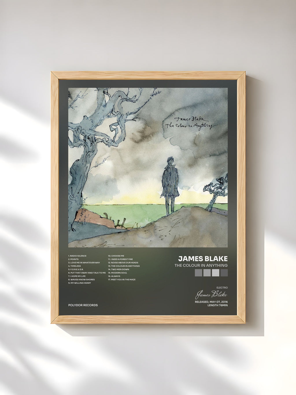#bois Tableau de l'album The Colour In Anything de James Blake, cadre en bois brut, imprimé et encadré en France
