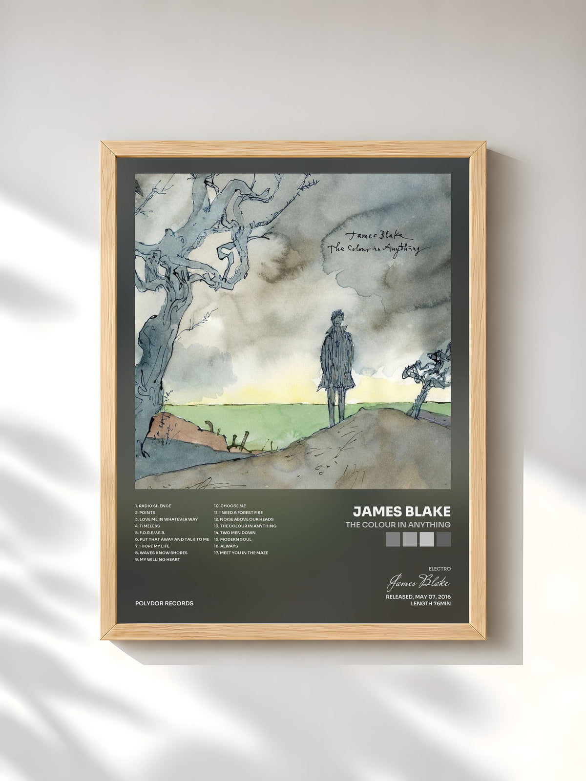 #bois Tableau de l'album The Colour In Anything de James Blake, cadre en bois brut, imprimé et encadré en France