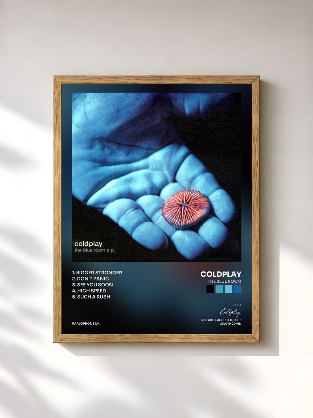 #bois Tableau de l'album The Blue Room de Coldplay, cadre en bois brut, imprimé et encadré en France