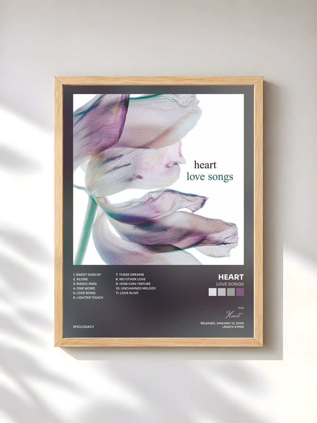 #bois Tableau de l'album Love Songs de Heart, cadre en bois brut, imprimé et encadré en France