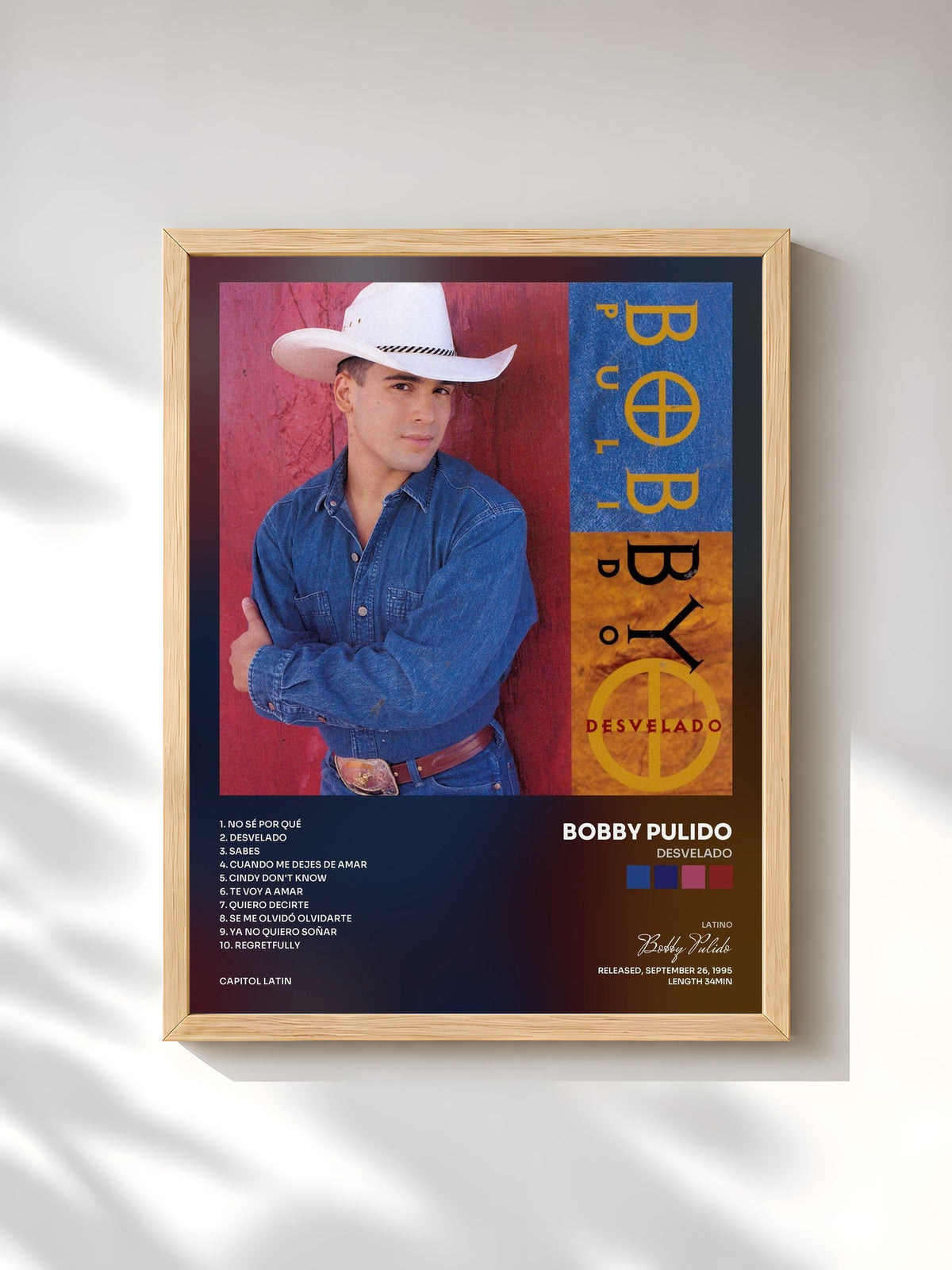 #bois Tableau de l'album Desvelado de Bobby Pulido, cadre en bois brut, imprimé et encadré en France