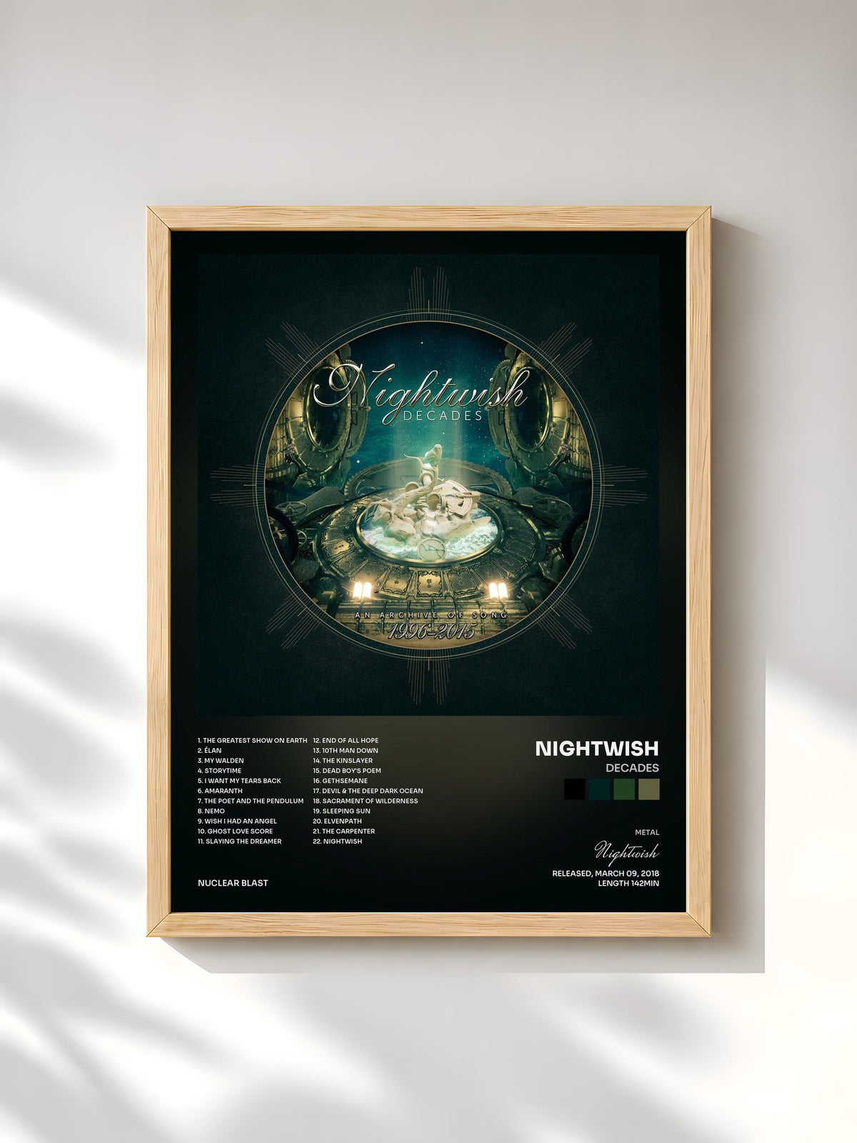 #bois Tableau de l'album Decades de Nightwish, cadre en bois brut, imprimé et encadré en France
