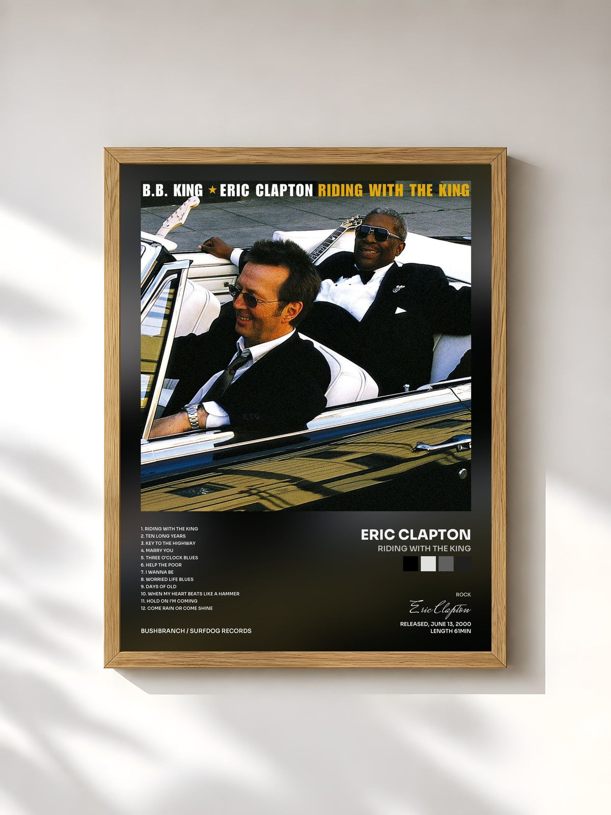 #bois Tableau de l'album Riding With The King de Eric Clapton, cadre en bois brut, imprimé et encadré en France
