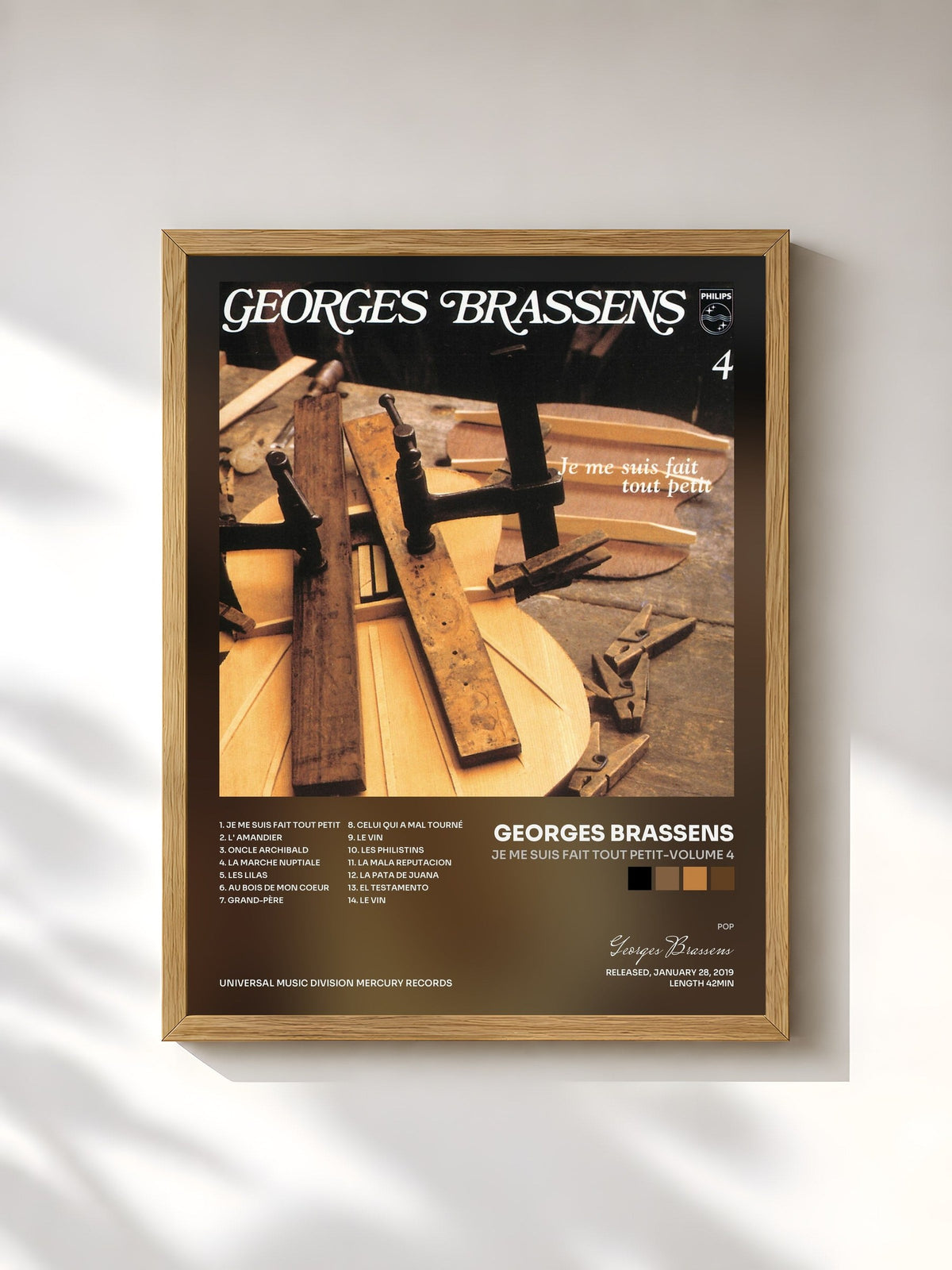 #bois Tableau de l'album Je Me Suis Fait Tout Petit-Volume 4 de Georges Brassens, cadre en bois brut, imprimé et encadré en France