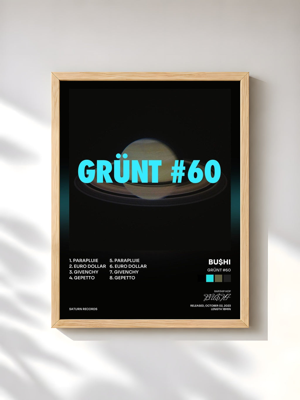 #bois Tableau de l'album GRÜNT #60 de BU$HI, cadre en bois brut, imprimé et encadré en France