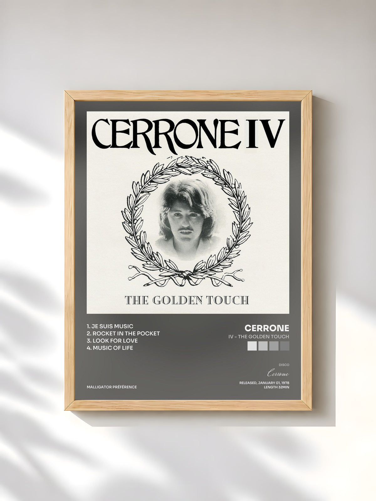 #bois Tableau de l'album IV - The Golden Touch de Cerrone, cadre en bois brut, imprimé et encadré en France
