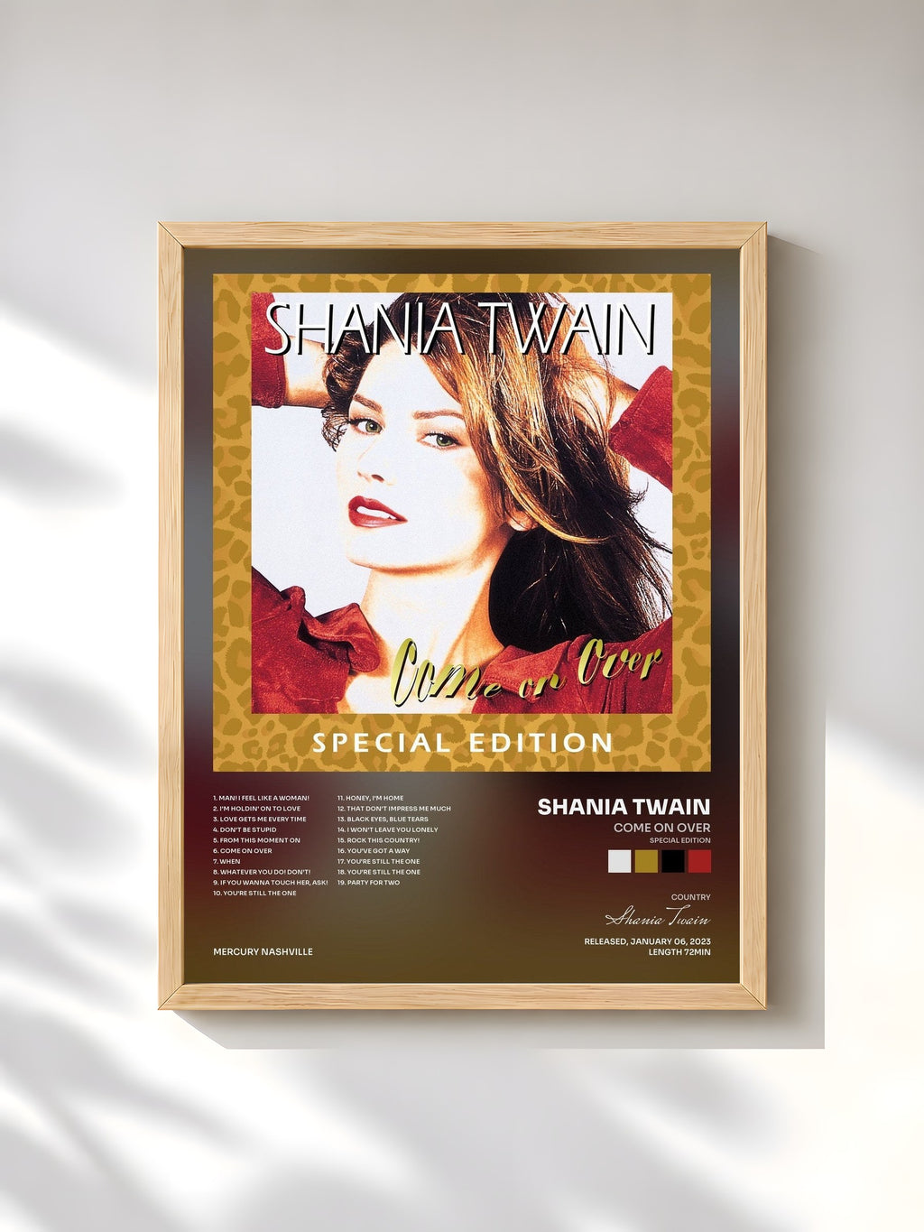 #bois Tableau de l'album Come On Over (Special Edition) de Shania Twain, cadre en bois brut, imprimé et encadré en France