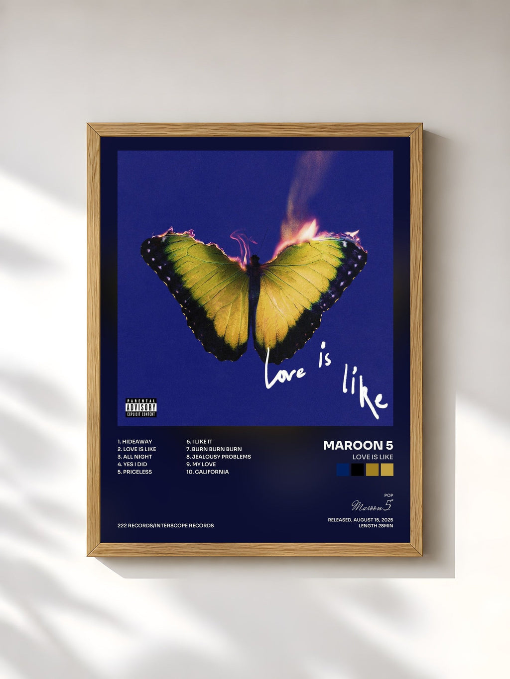 #bois Tableau de l'album Love Is Like de Maroon 5, cadre en bois brut, imprimé et encadré en France