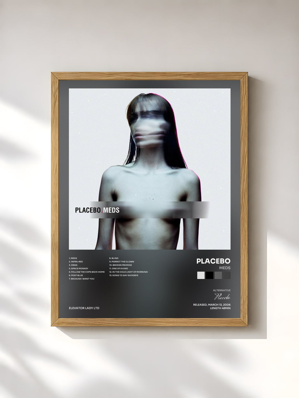 #bois Tableau de l'album Meds de Placebo, cadre en bois brut, imprimé et encadré en France