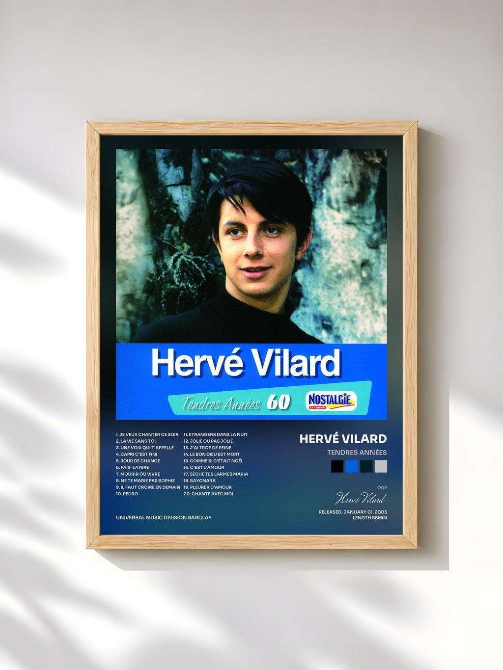 #bois Tableau de l'album Tendres Années de Hervé Vilard, cadre en bois brut, imprimé et encadré en France