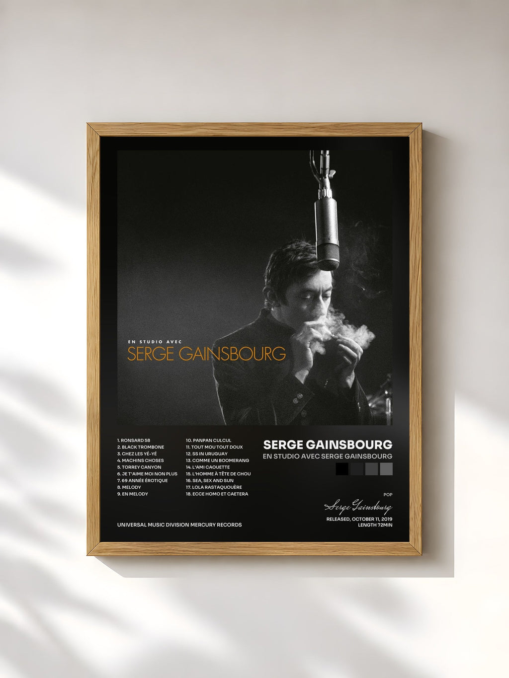 #bois Tableau de l'album En studio avec Serge Gainsbourg de Serge Gainsbourg, cadre en bois brut, imprimé et encadré en France