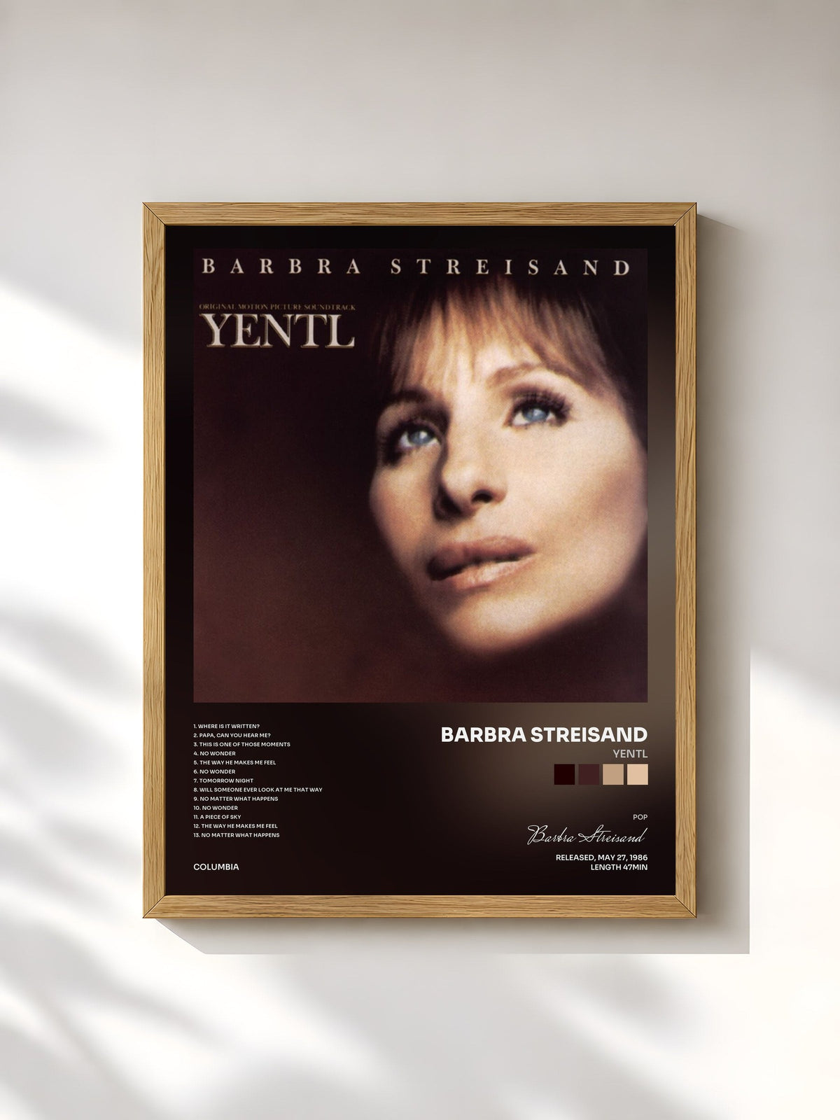 #bois Tableau de l'album Yentl de Barbra Streisand, cadre en bois brut, imprimé et encadré en France