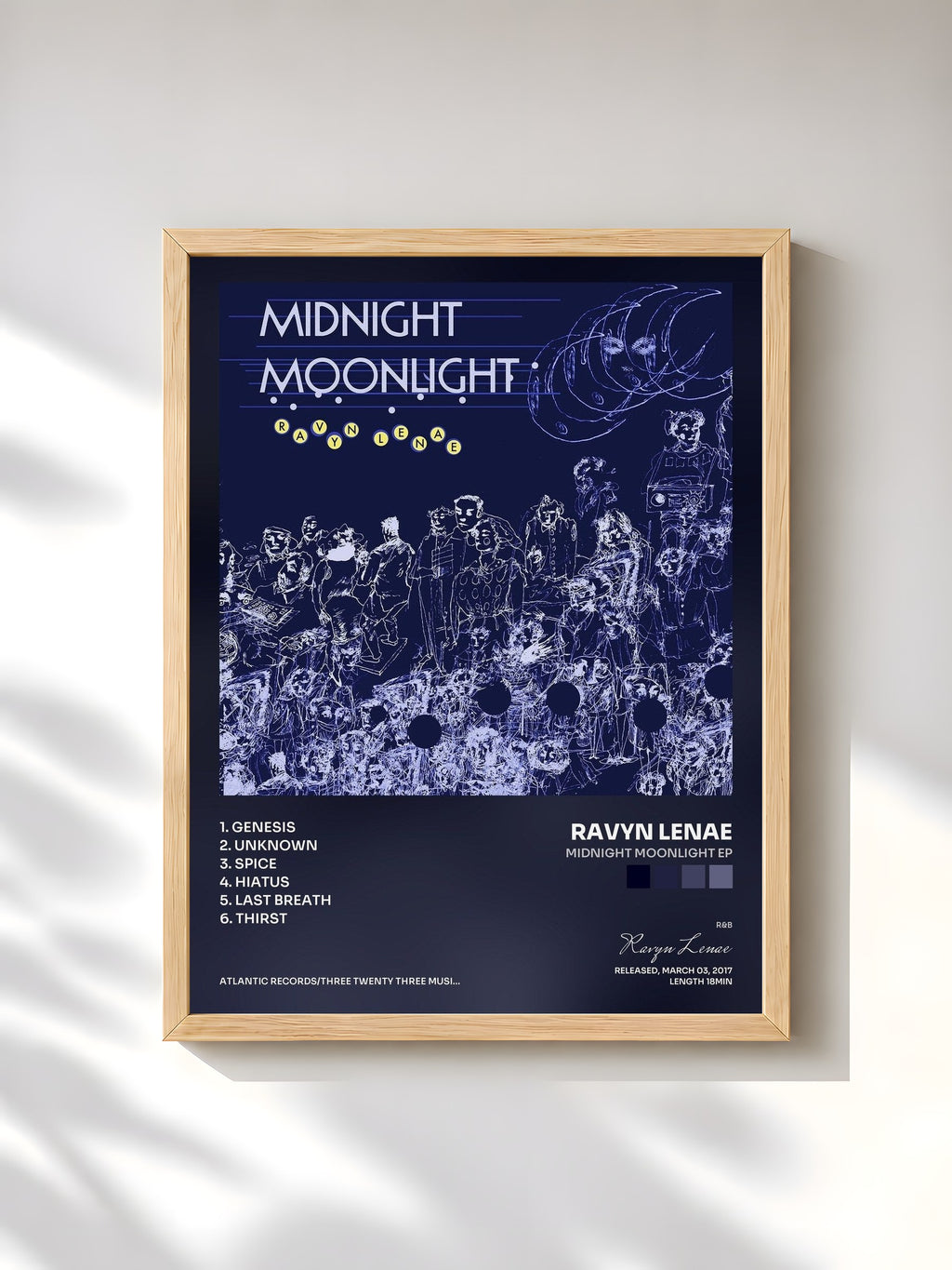 #bois Tableau de l'album Midnight Moonlight EP de Ravyn Lenae, cadre en bois brut, imprimé et encadré en France