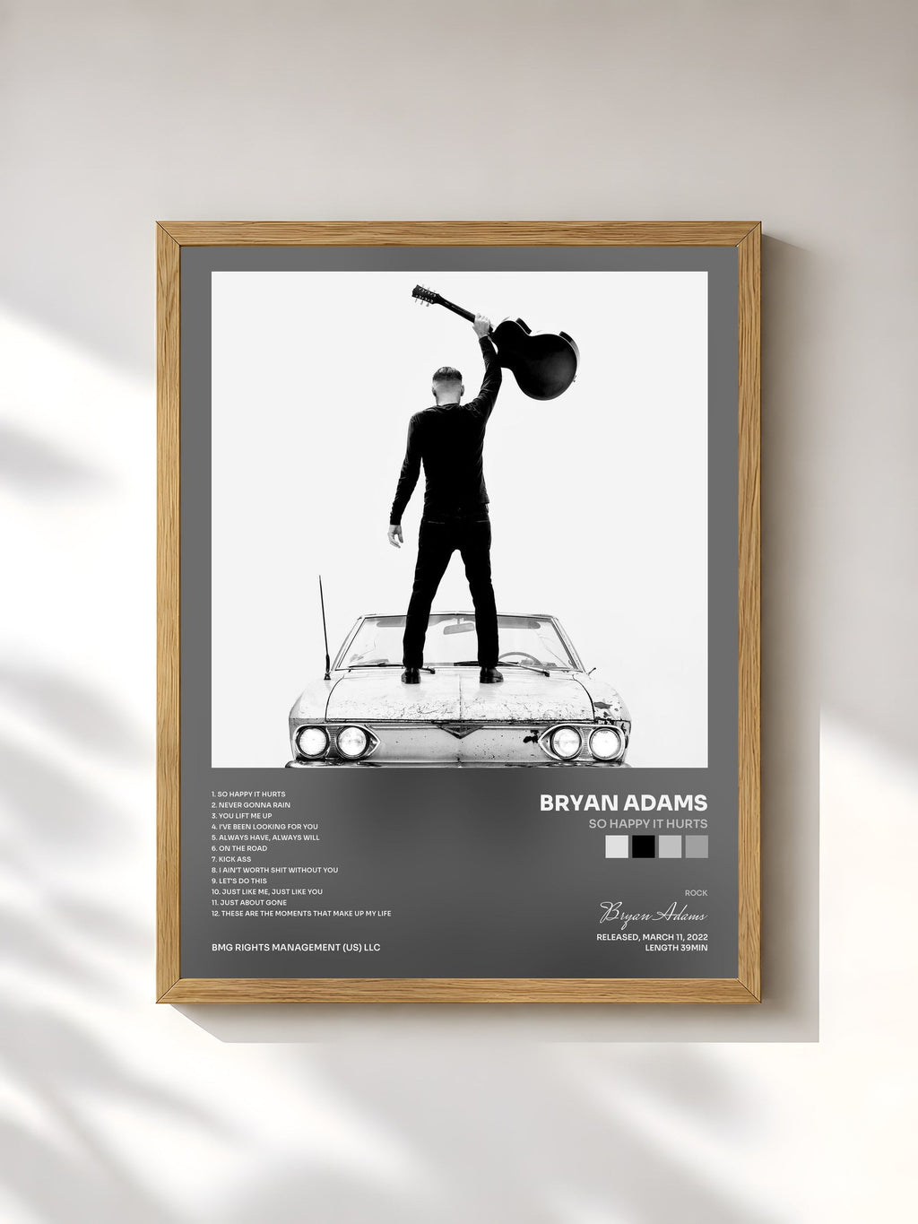 #bois Tableau de l'album So Happy It Hurts de Bryan Adams, cadre en bois brut, imprimé et encadré en France