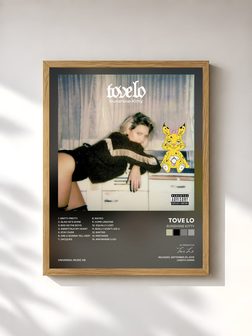 #bois Tableau de l'album Sunshine Kitty de Tove Lo, cadre en bois brut, imprimé et encadré en France