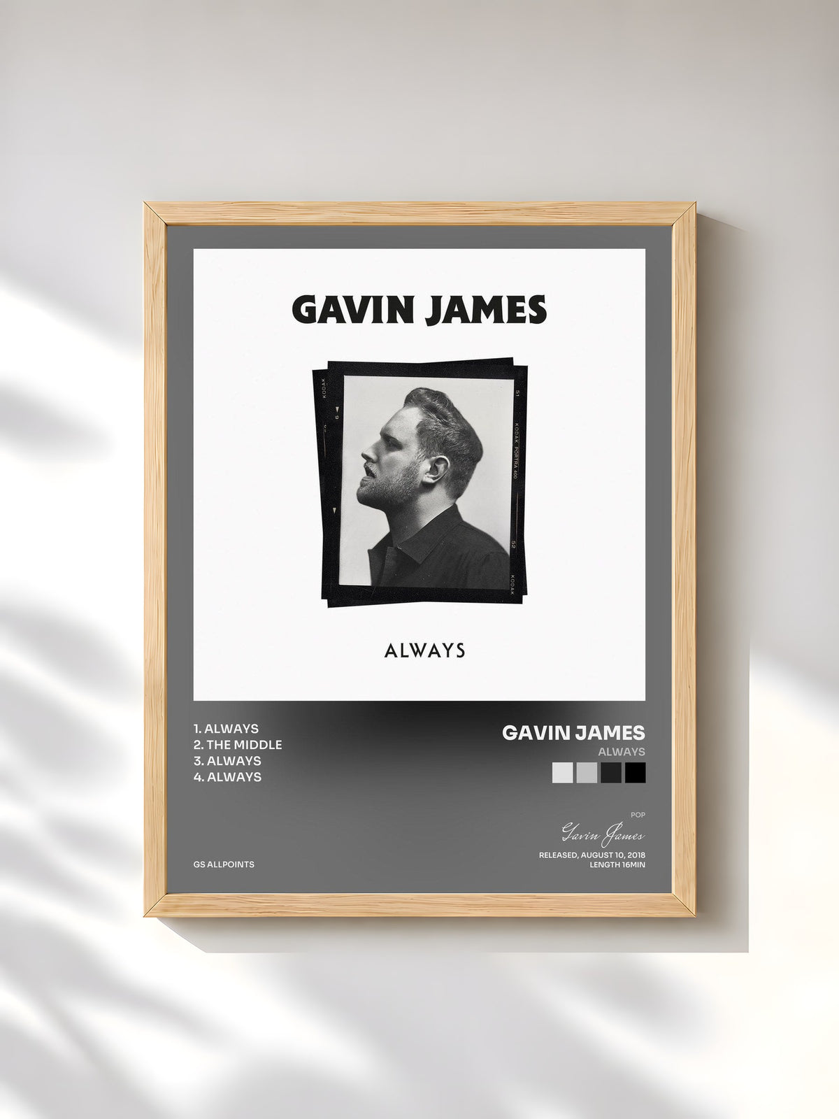 #bois Tableau de l'album Always de Gavin James, cadre en bois brut, imprimé et encadré en France