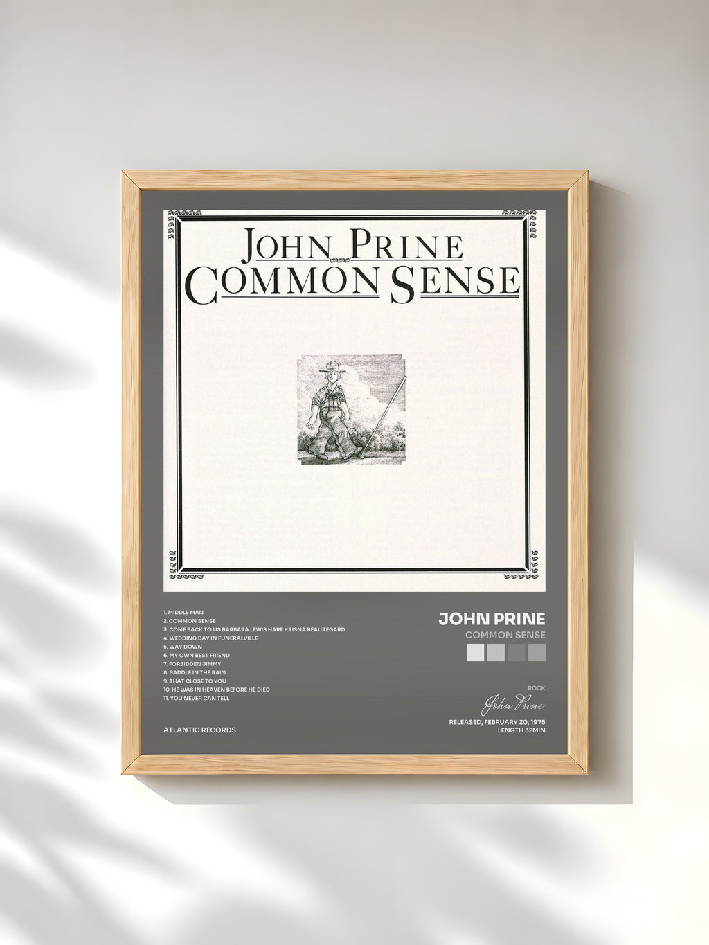 #bois Tableau de l'album Common Sense de John Prine, cadre en bois brut, imprimé et encadré en France