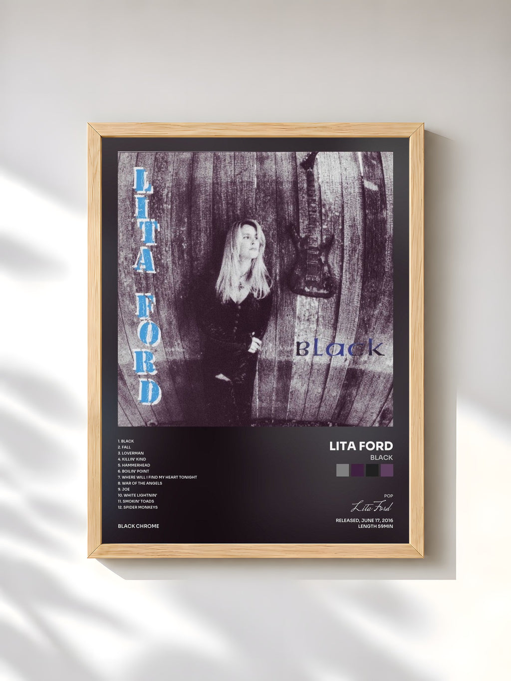 #bois Tableau de l'album Black de Lita Ford, cadre en bois brut, imprimé et encadré en France