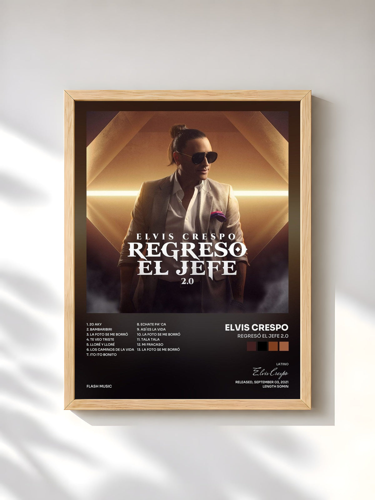 #bois Tableau de l'album Regresó el Jefe 2.0 de Elvis Crespo, cadre en bois brut, imprimé et encadré en France