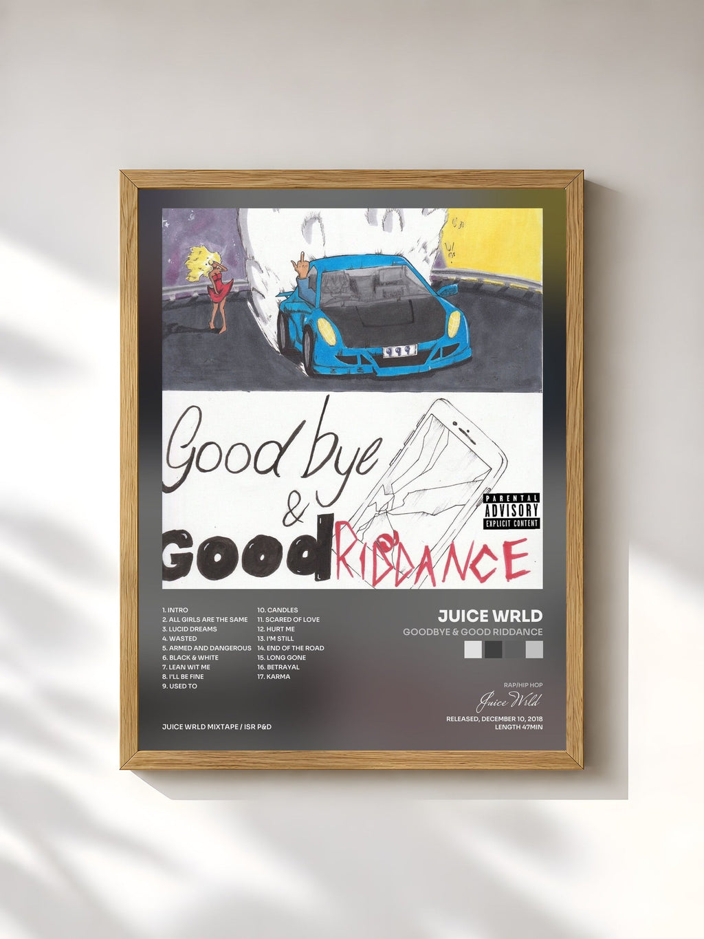#bois Tableau de l'album Goodbye & Good Riddance de Juice Wrld, cadre en bois brut, imprimé et encadré en France