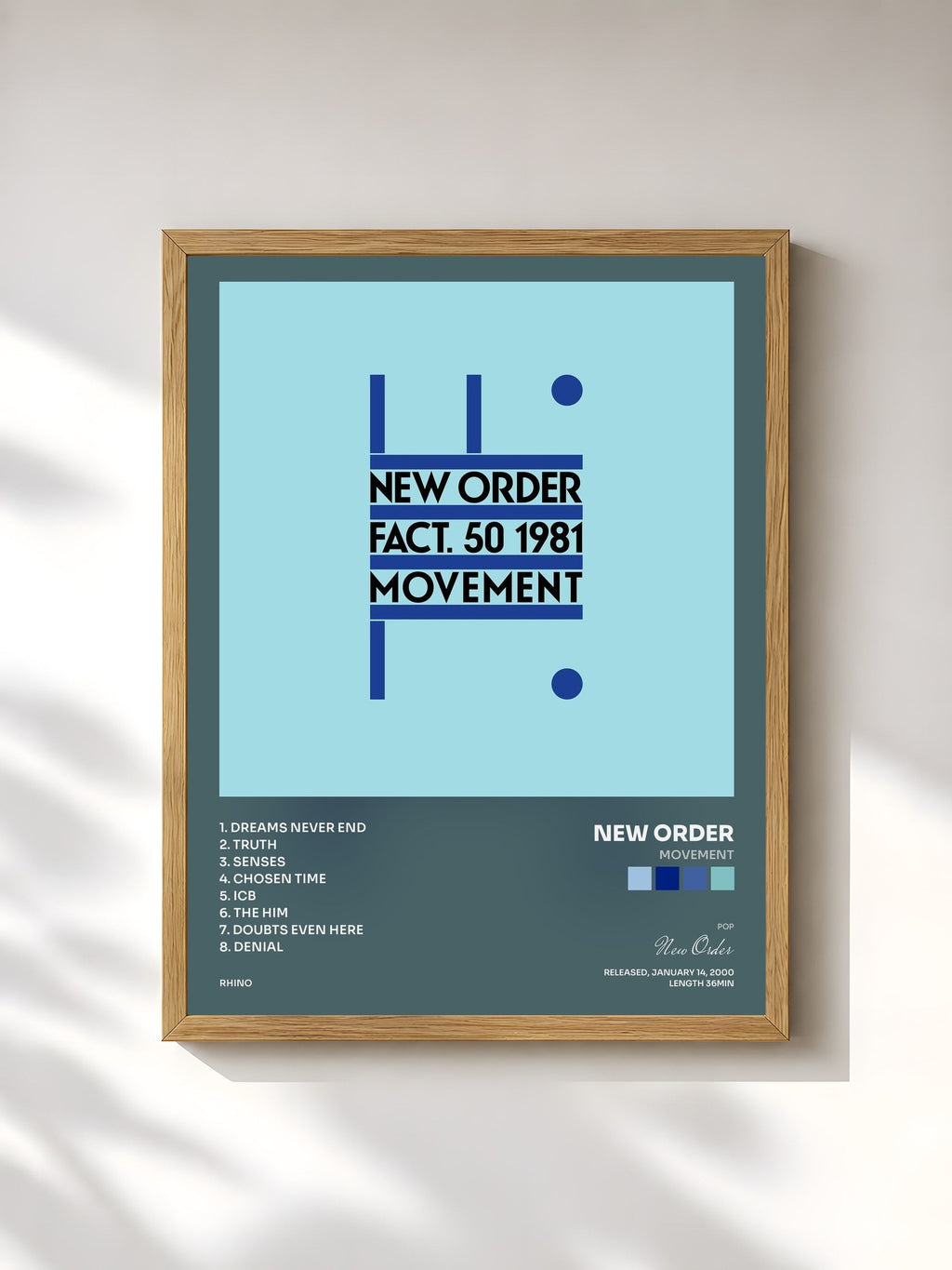 #bois Tableau de l'album Movement de New Order, cadre en bois brut, imprimé et encadré en France
