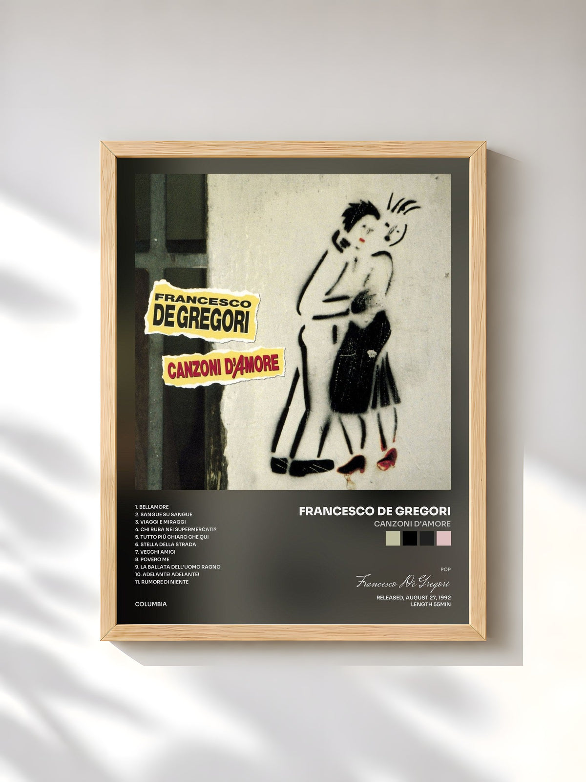 #bois Tableau de l'album Canzoni D'Amore de Francesco De Gregori, cadre en bois brut, imprimé et encadré en France