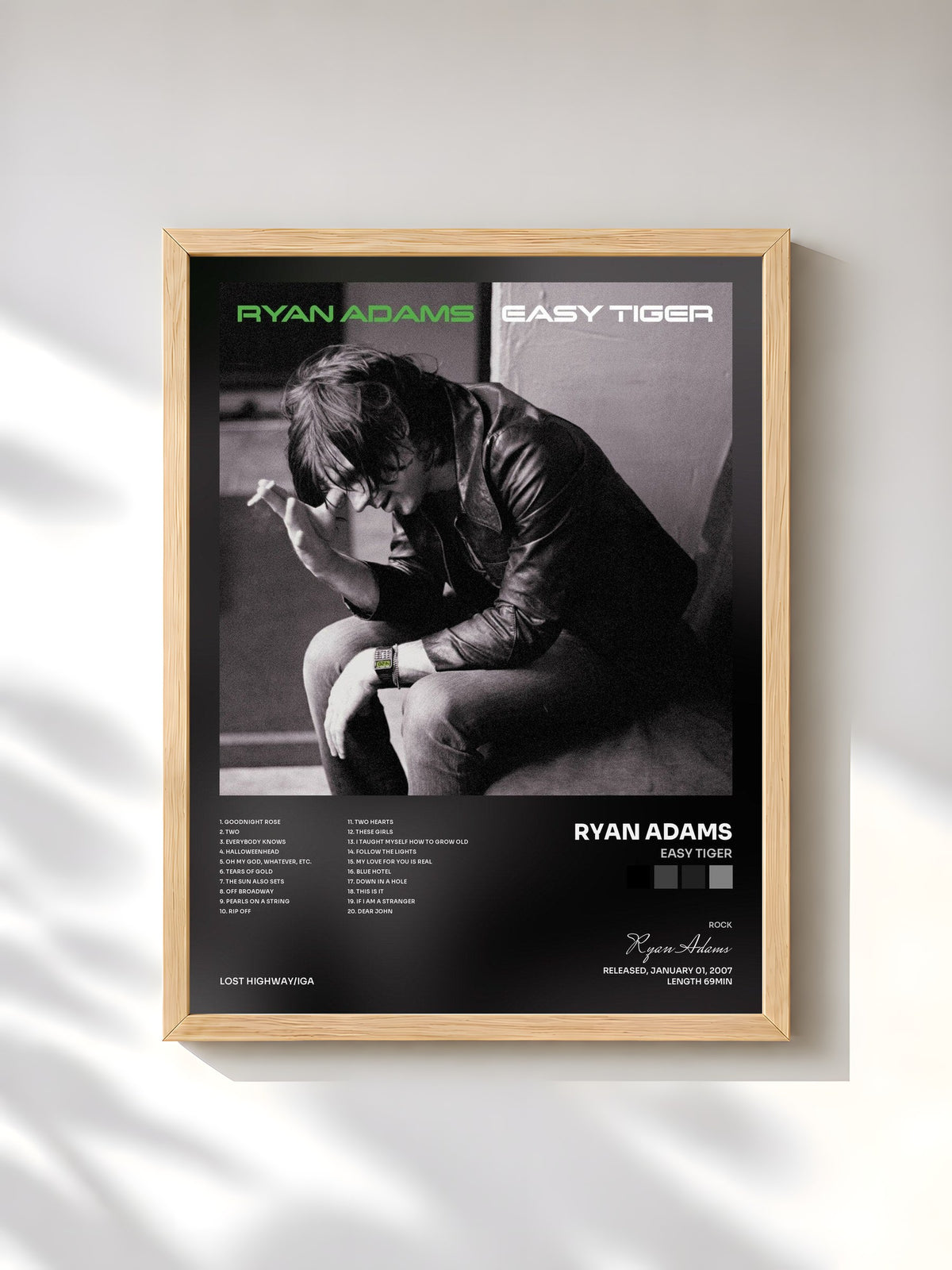 #bois Tableau de l'album Easy Tiger de Ryan Adams, cadre en bois brut, imprimé et encadré en France