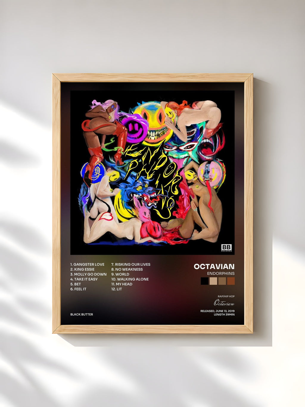 #bois Tableau de l'album Endorphins de Octavian, cadre en bois brut, imprimé et encadré en France