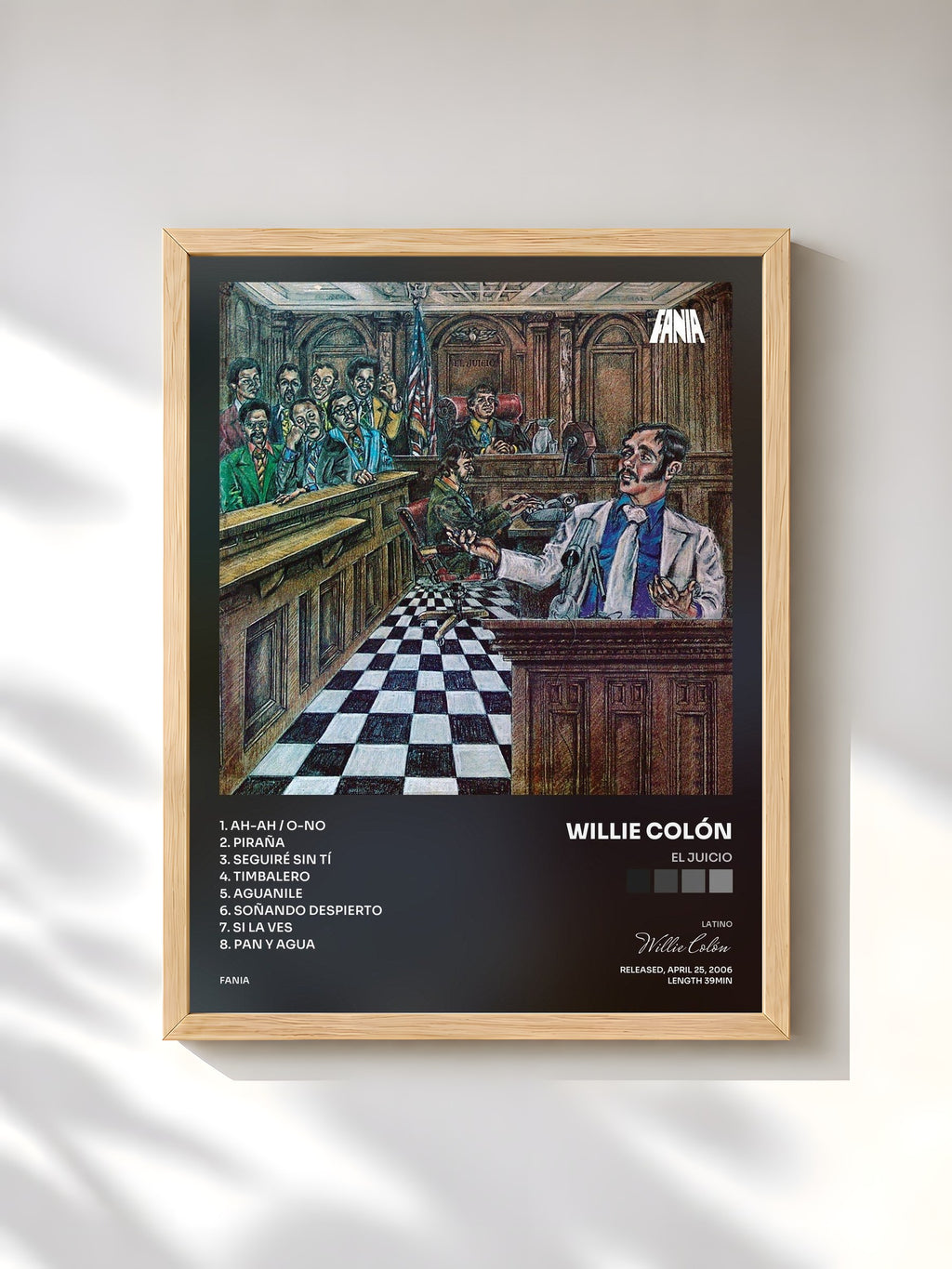 #bois Tableau de l'album El Juicio de Willie Colón, cadre en bois brut, imprimé et encadré en France