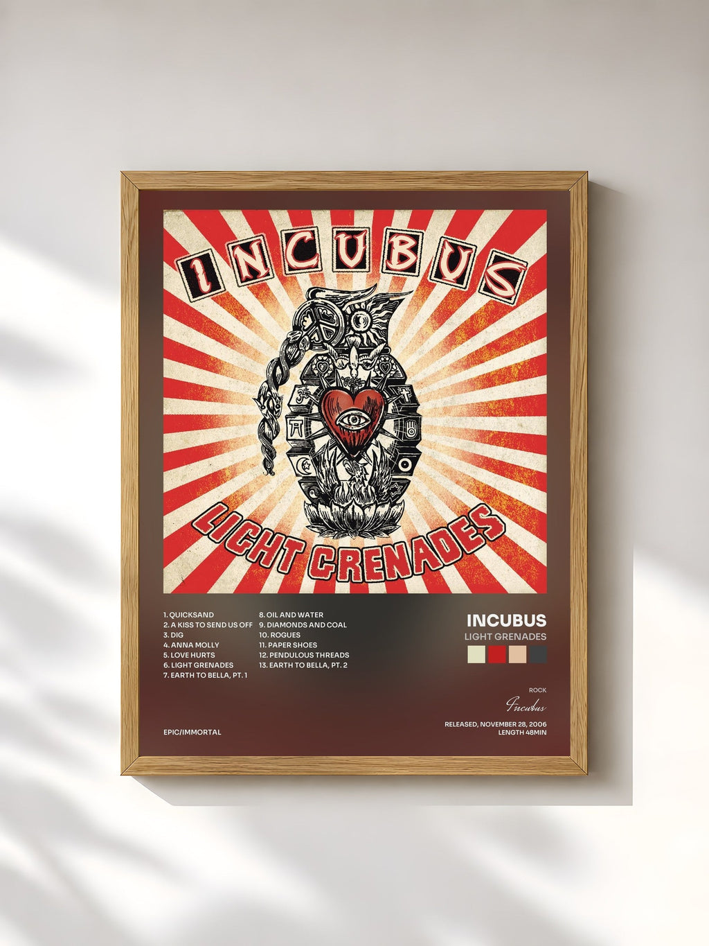 #bois Tableau de l'album Light Grenades de Incubus, cadre en bois brut, imprimé et encadré en France