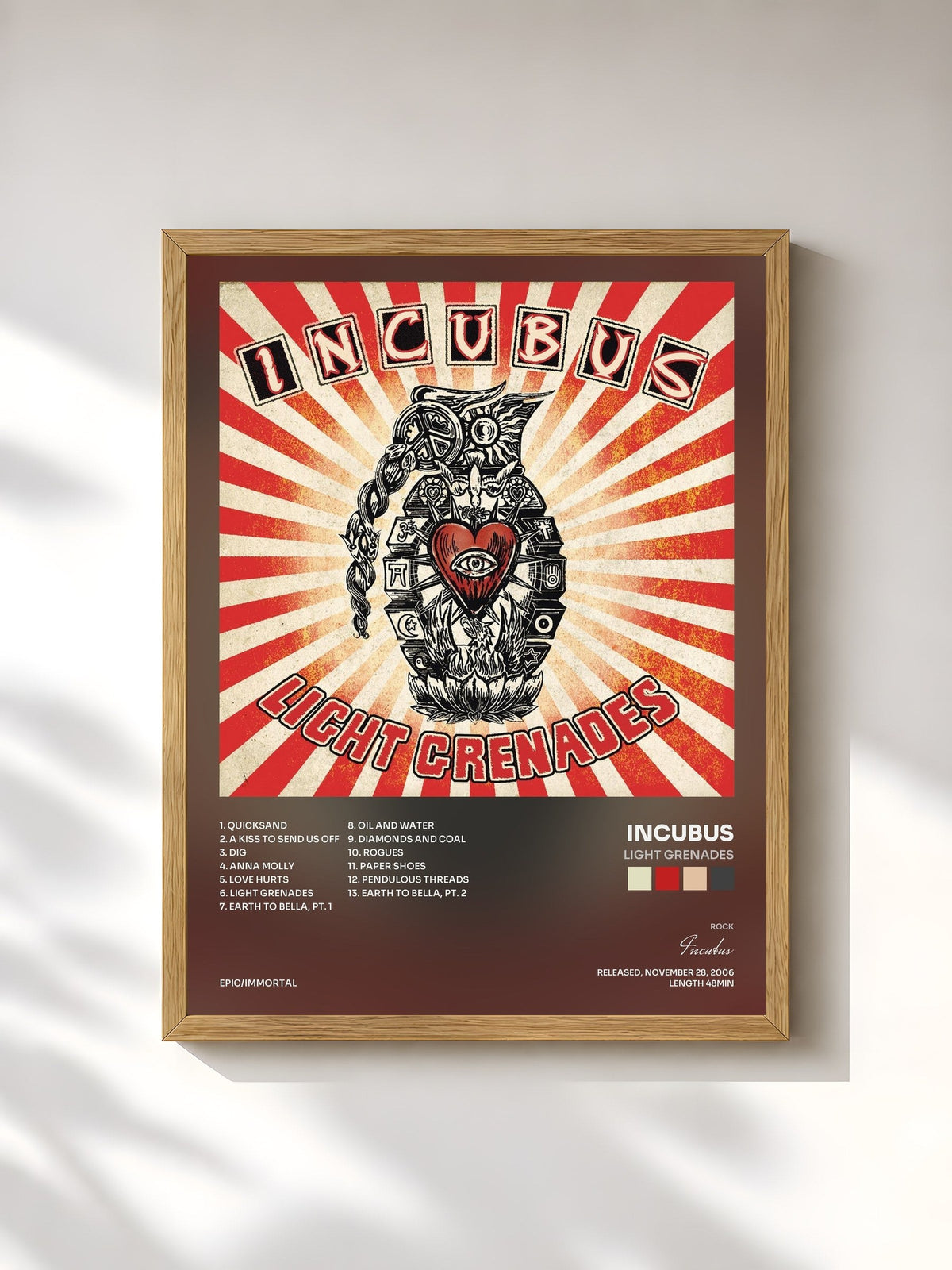 #bois Tableau de l'album Light Grenades de Incubus, cadre en bois brut, imprimé et encadré en France