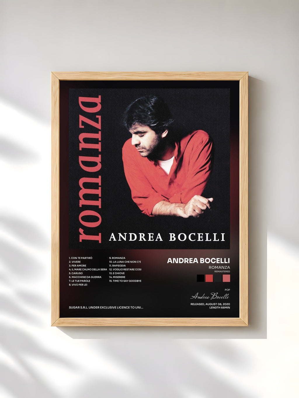 #bois Tableau de l'album Romanza (Remastered) de Andrea Bocelli, cadre en bois brut, imprimé et encadré en France